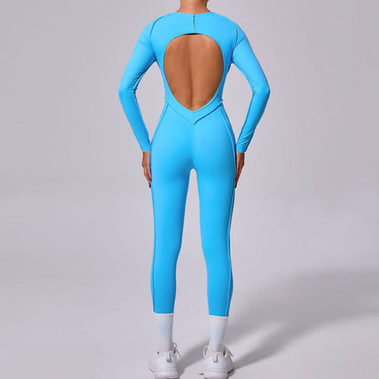 Women Fashion Solid Color Long-Sleeve Backless Jumpsuit