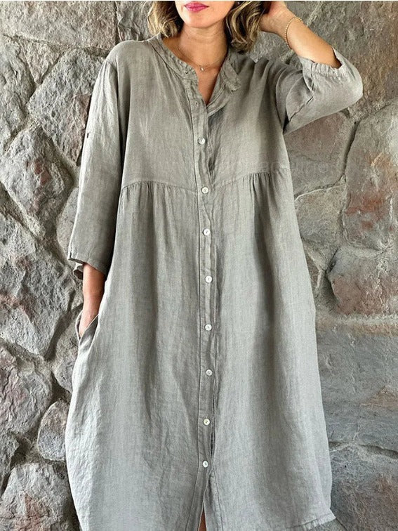 Robe chemise boutonnée décontractée en coton et lin pour femme, couleur unie