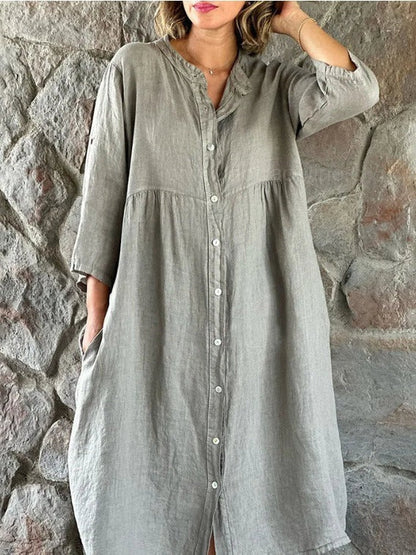 Robe chemise boutonnée décontractée en coton et lin pour femme, couleur unie