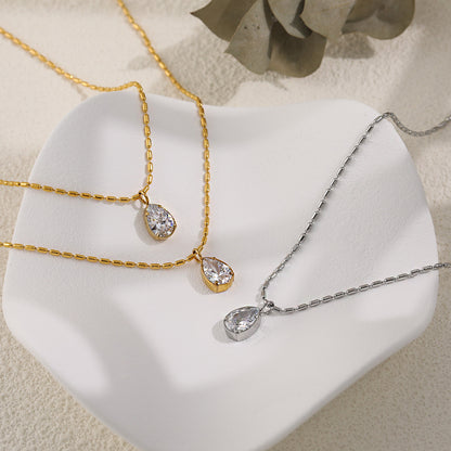Women Fashion Titanium Steel Rhinestone Water Drop Necklace