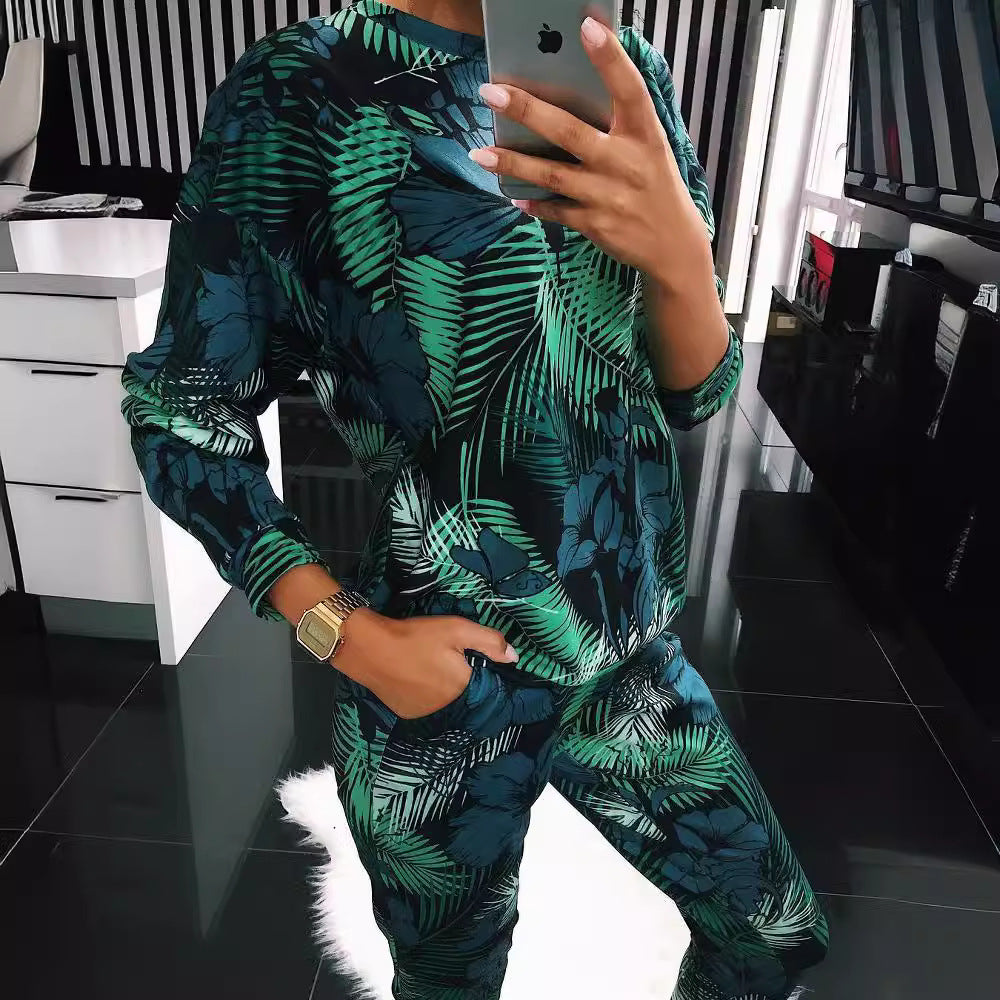 Conjunto de sudadera y pantalón de manga larga con estampado informal para mujer