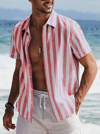 Men'S Casual Stripe Lapel Short Sleeve Shirt