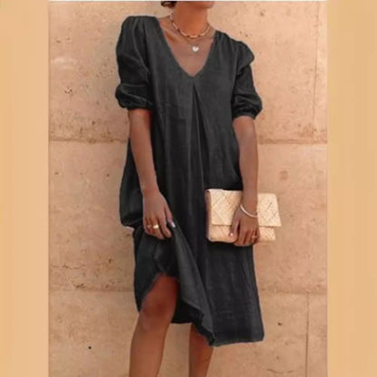 Women Casual Long Sleeve Cotton Linen Dress