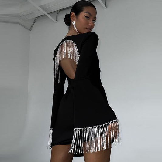 Women Fashion Sexy Square Collar Back Hollow Tassel Dress