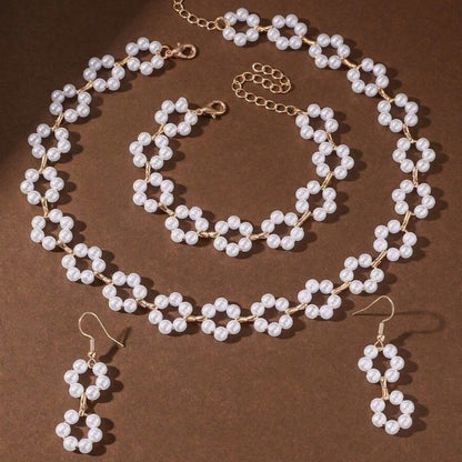 Elegant Pearl Necklace Bracelet Earrings Three-Piece Set - Fashion Jewelry for Women