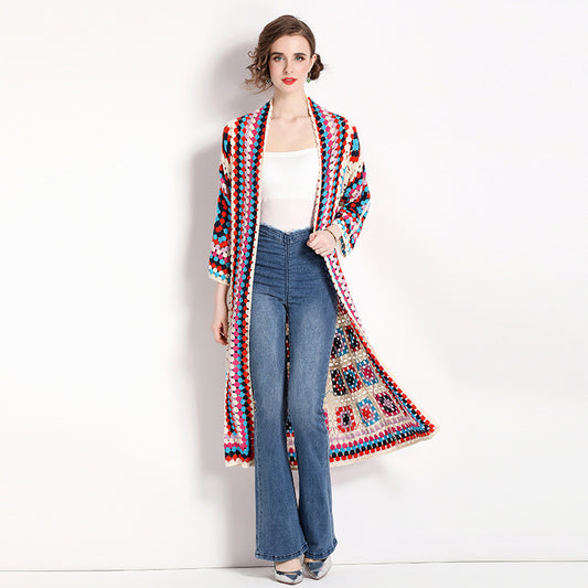 Abrigo de manga larga estilo bohemio con estampado de jacquard para vacaciones de mujer