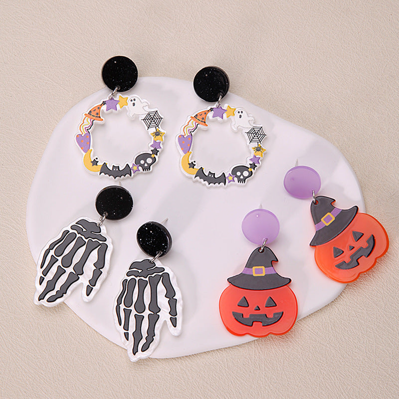 Pendientes acrílicos de Halloween con forma de calabaza y gato para mujer