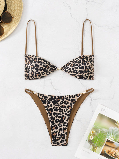 Traje de baño bikini sexy con cordones de leopardo a la moda para mujer
