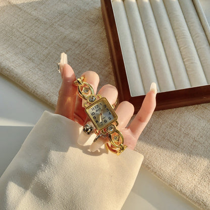 Women Fashion Retro Gold Rhinestone Quartz Watch