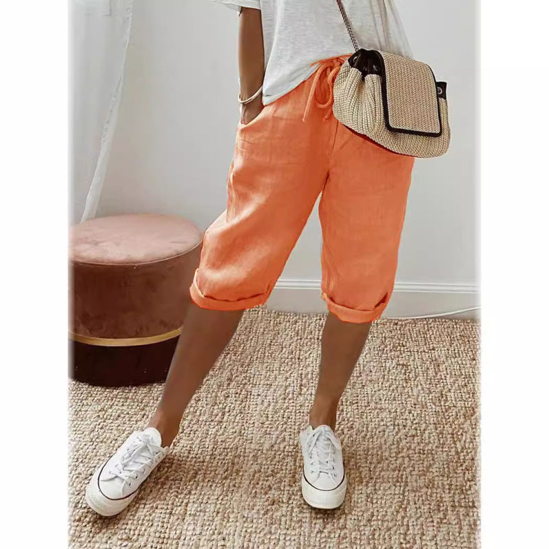 Pantalones casuales de lino y algodón de color liso a la moda para mujer