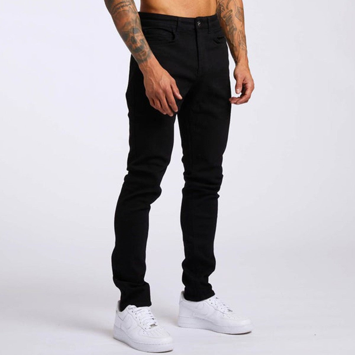 Men's Slim Fit Micro-Elastic Denim Jeans with Solid Color Design