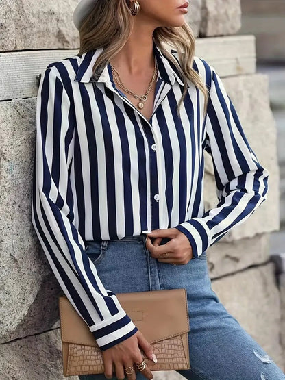 Blusa informal con solapa y estampado de rayas para mujer