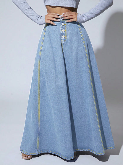 Falda vaquera de una sola botonadura para mujer, estilo urbano, larga, línea A, color liso
