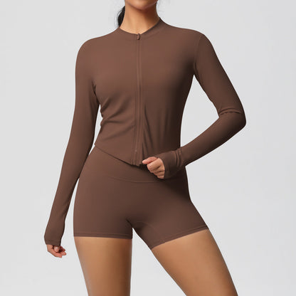 Ensemble haut à manches longues et short de yoga pour femme, couleur unie