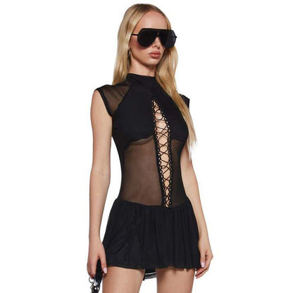 Vestido de malla calada con cordones para mujer, estilo plisado de poliéster