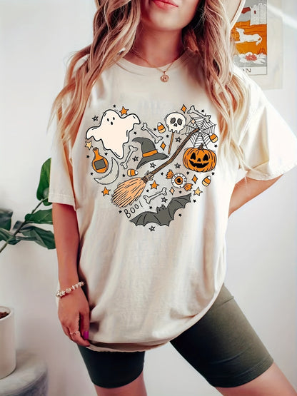 T-shirt col rond en coton imprimé Halloween pour femme