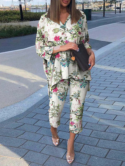 Plus Size Women Cotton Linen Print Two Pieces Set