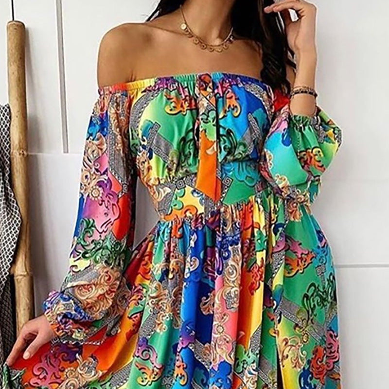 Women Fashion Boho Style Floral Printed Off-Shoulder Maxi Dress