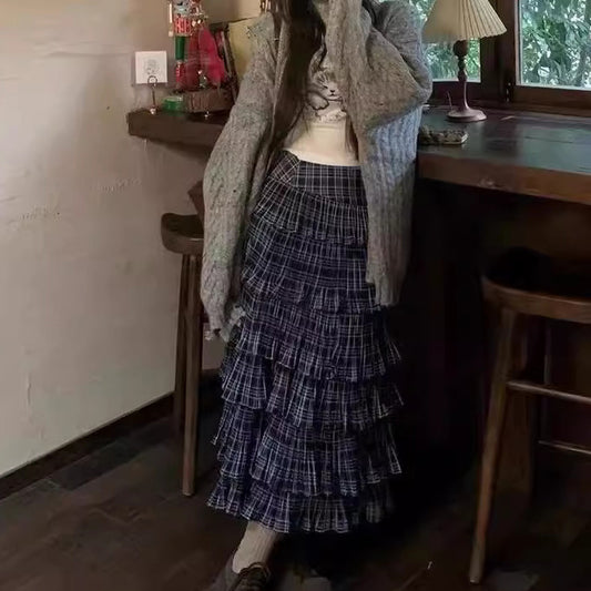 Women Fashion Retro Blue Plaid Multi-Layer Ruffled Skirt