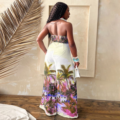 Conjunto de dos piezas con estampado de vacaciones informal de moda para mujer