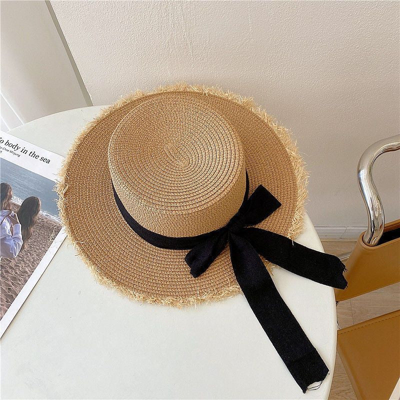 Sombrero de paja para el sol con parte superior plana y lazo para vacaciones en la playa