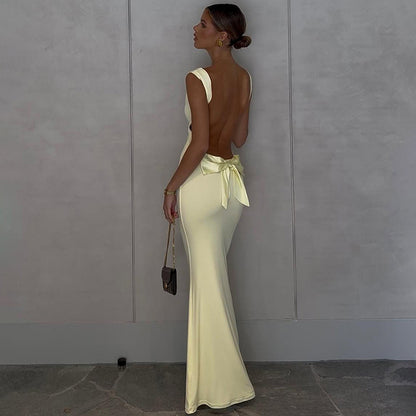 Women Sleeveless Backless Slim-Fit Dress Solid Color Party Evening