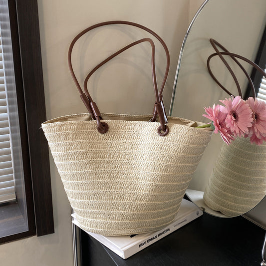 Sac en paille tissé grande capacité pour femme, style décontracté et tendance