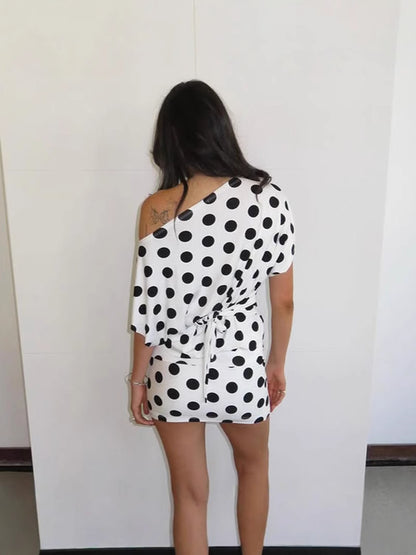 Women Fashion Sexy Wave Dot Printed Short Sleeve T-Shirt and Skirt Set