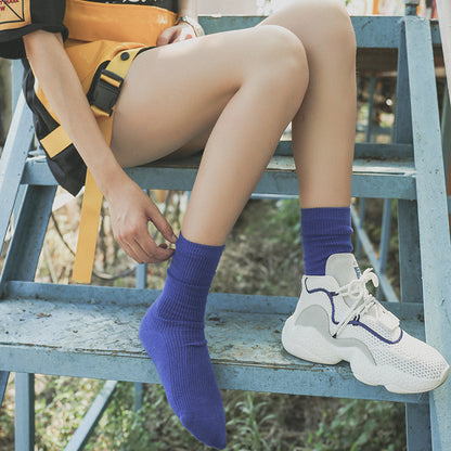 Calcetines de algodón apilados para mujer, color liso, grosor medio