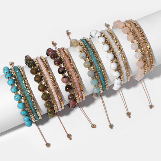 Conjunto de pulseras de cuentas doradas con piedra de pino estilo bohemio para mujer
