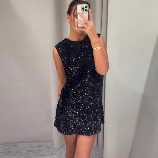 Women Elegant Sleeveless Lace-Up Dress with Sequins and Bowknot