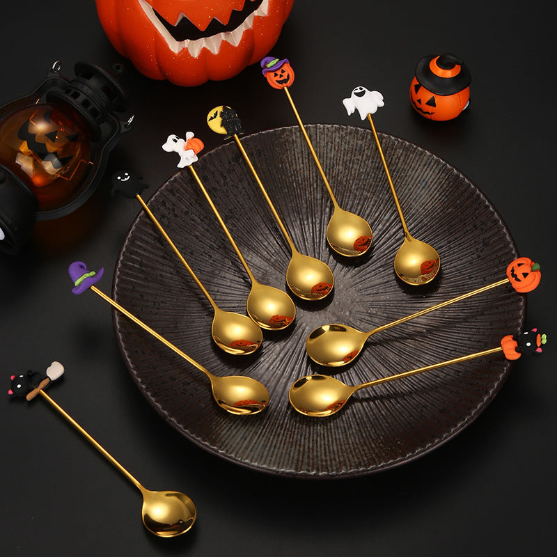 Tenedor y cuchara de acero inoxidable para postres y frutas con dibujos animados de Halloween.
