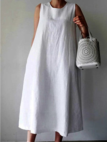 Vestido de lino y algodón con cuello redondo de color liso para mujer de verano