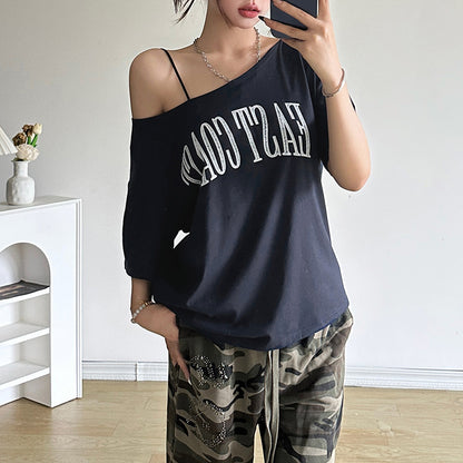 Camiseta de manga corta con estampado de letras de moda urbana de verano para mujer
