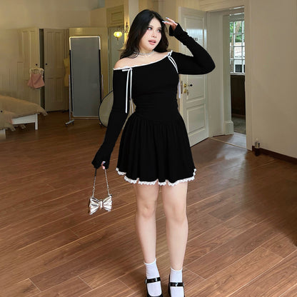 Vestido plisado elegante de talla grande para mujer en negro