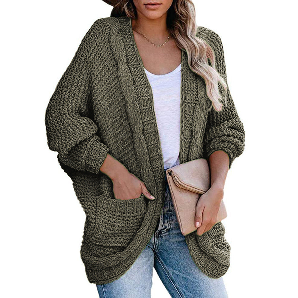 Women Thick Knitted Cardigan Coat with V-Neck