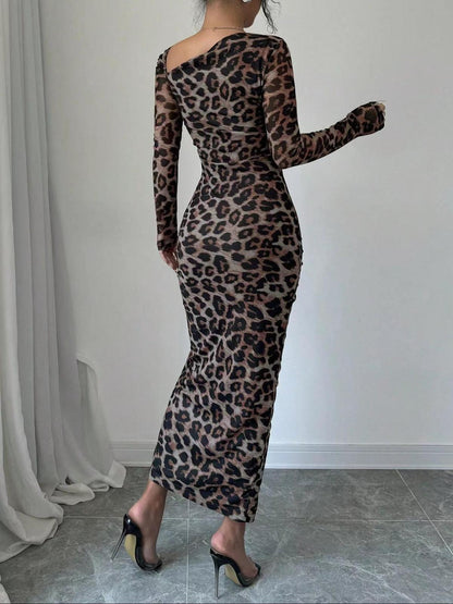 Vestido maxi ajustado de manga larga con estampado de leopardo sexy para mujer