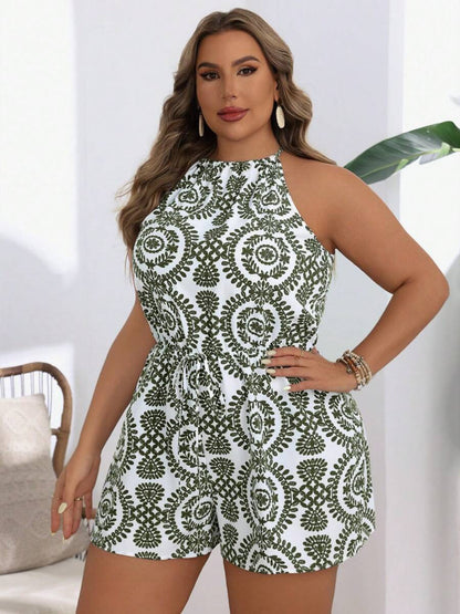 Women Fashion Vacation Plus Size Printed Sleeveless Jumpsuit