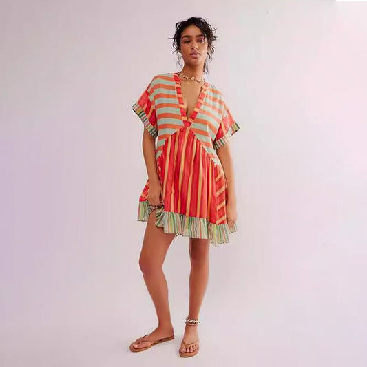Women Fashion Casual Boho Multicolor Printed Stripe V-Neck Dress