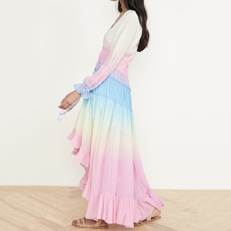 Women's Fashion Gradient Color Ruffle Maxi Boho Dress
