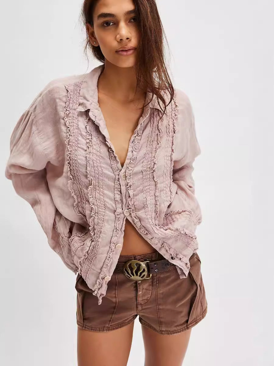 Camisa de lino y algodón con encaje de color liso a la moda para mujer
