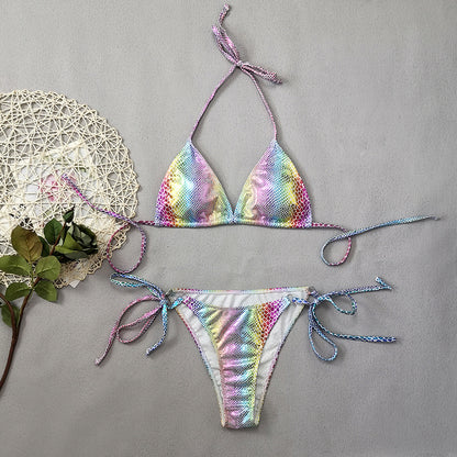 Traje de baño bikini de charol con estampado de piel de serpiente degradado para mujer