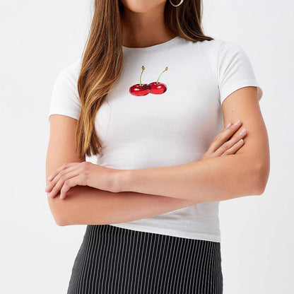 Camiseta informal de manga corta con cuello redondo y estampado de cerezas para mujer - Poliéster y elastano