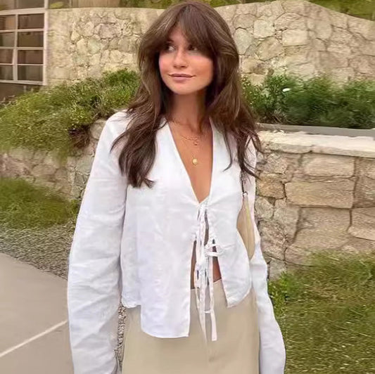 Women Vacation Deep V Neck Flare Sleeve Blouse