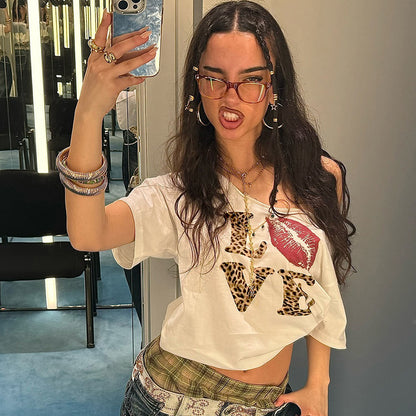 Y2K Women Off-Shoulder V-Neck Leopard T-Shirt