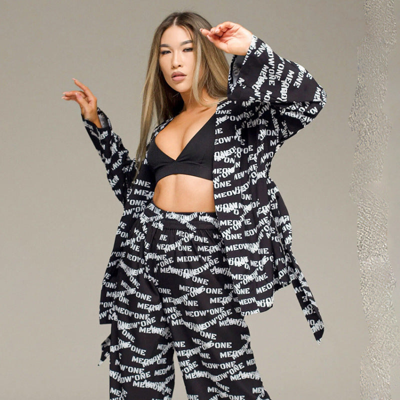 Women Loose Casual Fashion Printed Silk Pajamas Set