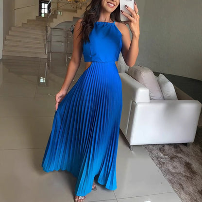 Women Fashion Sexy Gradient Pleated Sleeveless Backless Dress