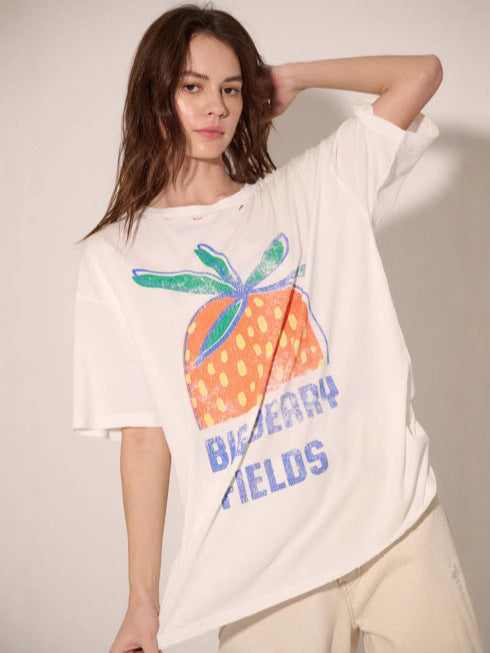 Camiseta informal de manga corta con cuello redondo y estampado para mujer