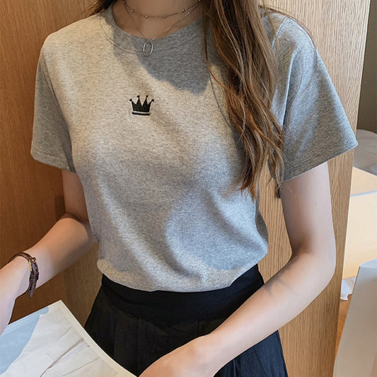 Women Fashion Casual Solid Color Embroidered Crewneck T-Shirt
