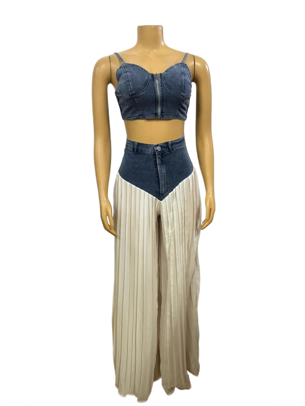 Women Fashion Sexy V-Neck Camisole Denim Chiffon Set